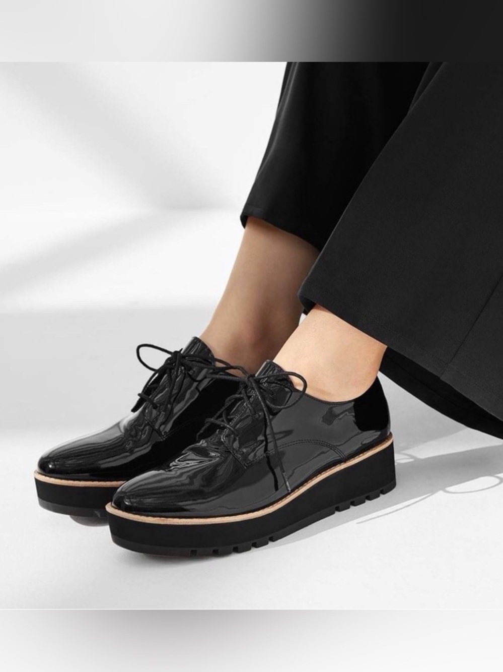 Eileen Fisher Eddy Patent Platform Oxford Shoes Black 7
